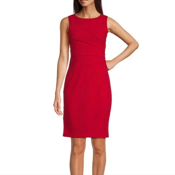 Calvin Klein cherry red ruched sleeveless round neck sheath midi dress - Picture 1 of 7